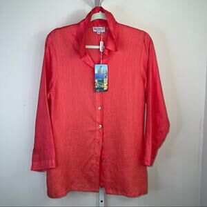 Sagimar Size Small Coral 100% Linen Long Sleeve Blouse NWT